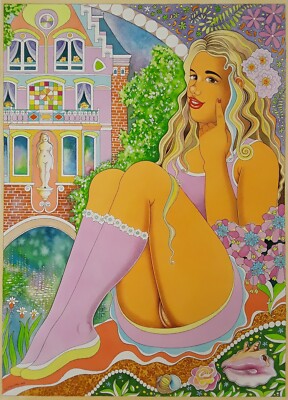 Erotik, grosses  Aquarell 50 x 70 cm, ''Eighteen Year Golden Hair Beauty Queen''.