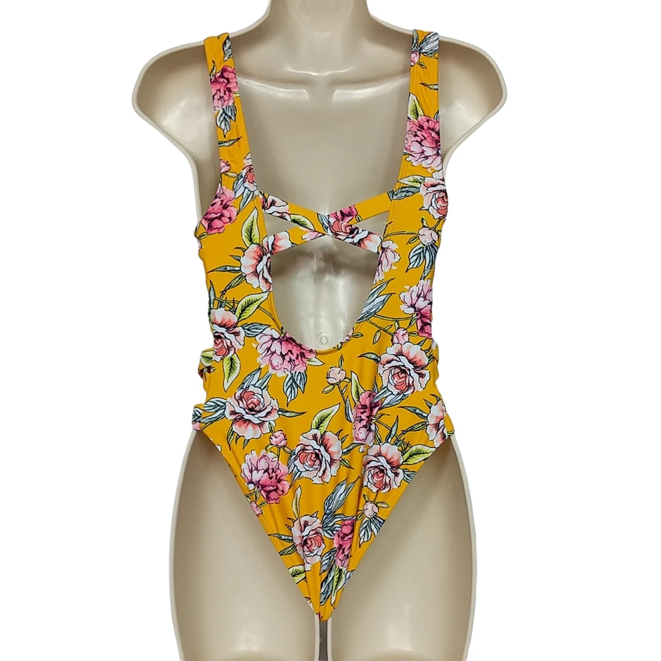Traje de baño Xhilaration de una pieza pequeño naranja floral cuello en V acolchado cruzado lateral Foto 3 de 4