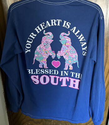Benny &Belle Women s Blessed In The South Blue Graphic Top Size M Elephant