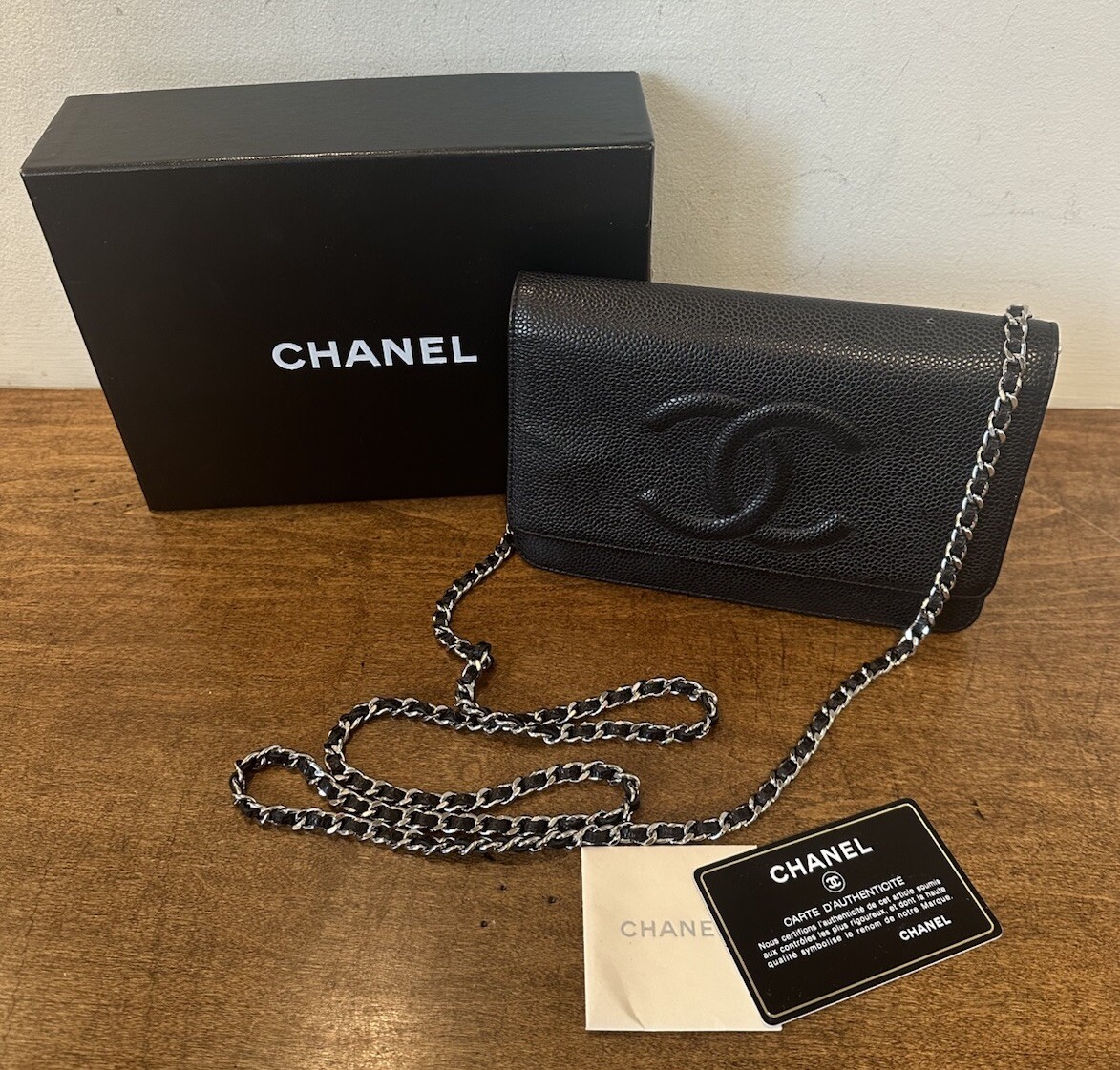 CHANEL Caviar Timeless CC Wallet On Silver Chain WOC Black, Mini Sac, Box & card-image