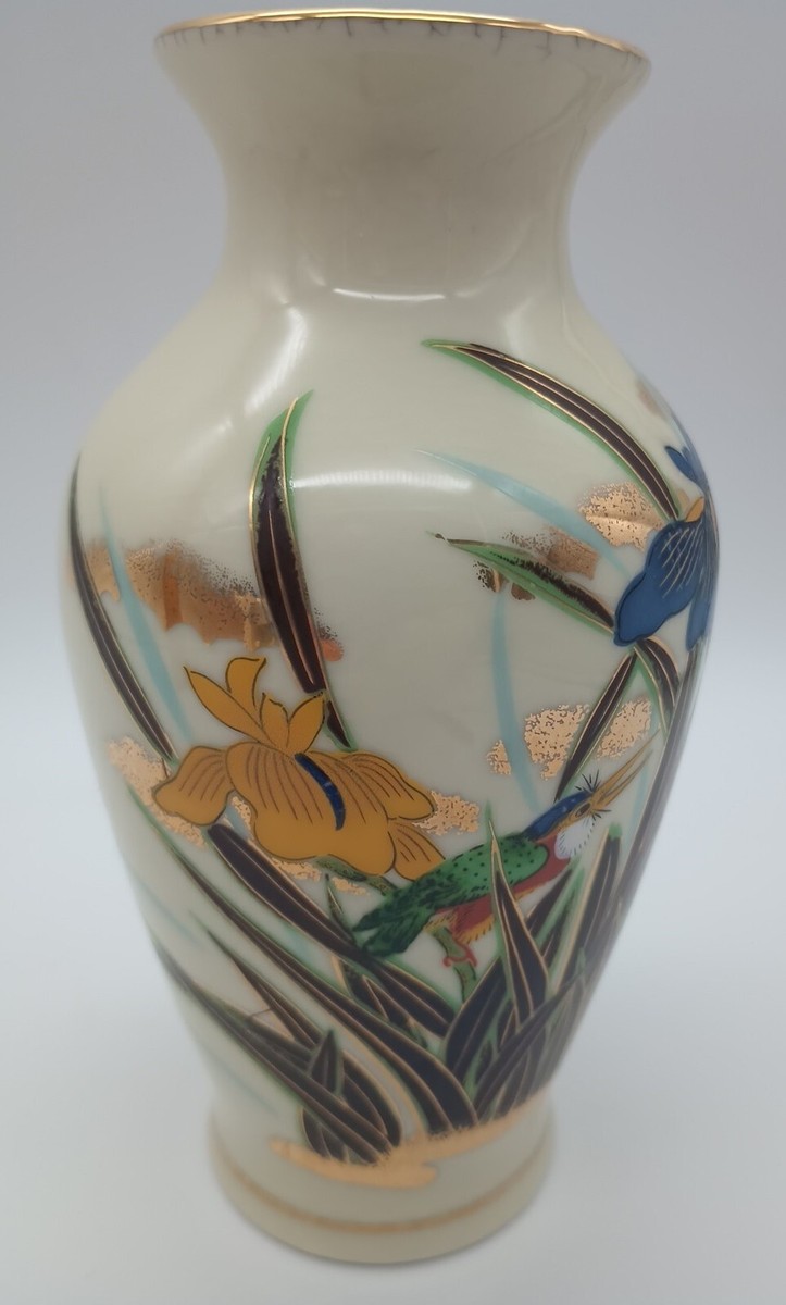 Vtg Toyo Japan Hand Painted Vase Crackle Pottery Gold Tone
