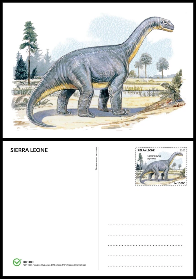 Tarjetas de papelería Big Dinosaurs MNH 2022 Sierra Leona 6 tarjetas papel 100 % reciclado Foto 3 de 4