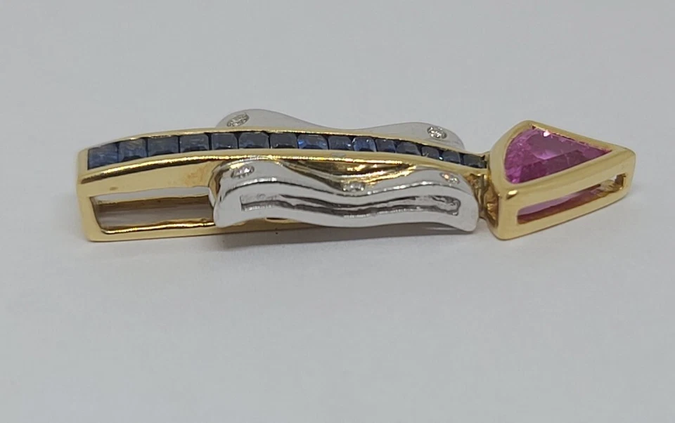 LeVian 18K White & Yellow Gold Natural Blue/Pink Sapphire, Diamond Arrow Pendant - Image 3 of 4