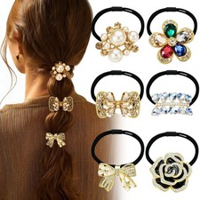 6 PCS Hair Cuff Metal Ponytail Holders Elastic Rhinestone Pearl Accessories