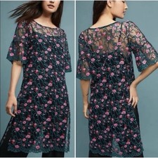 Anthropologie Moulinette Soeurs Womens Floral Embroidered Sheer Tunic Dress Sz S