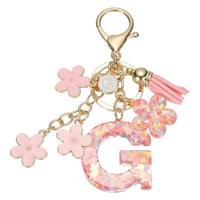 Alphabet g Tassel Cherry Blossom Initial Letter Keychain (Pink, Pack of 1)