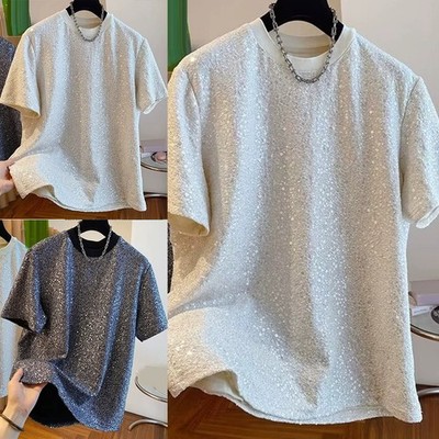 Herren Pailletten Freizeit T-Shirt Kurzarm Loose Fit für Urlaub Ausflüge
