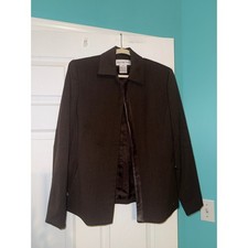 Jones New York Women Brown Hidden Button Front Blazer Jacket Faux Leather Trim 8
