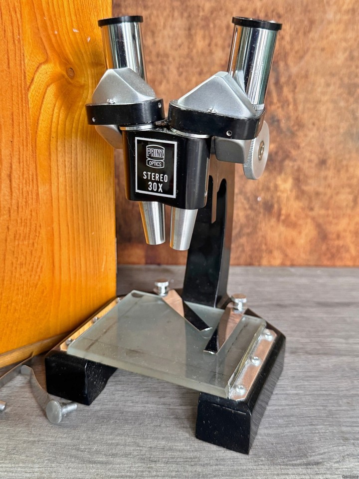 VINTAGE PRINZ OPTICS STEREO MICROSCOPE 30X SCIENTIFIC INSTRUMENT WOODEN ...
