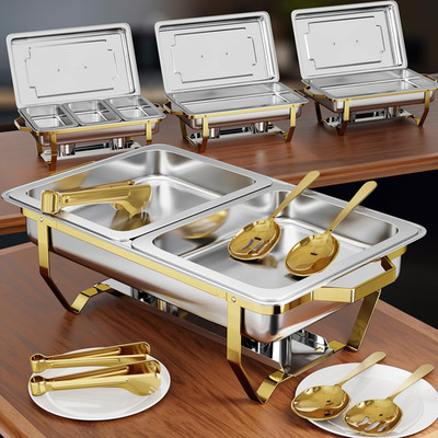 Gold Buffet Chafing Dishes Set - 4 Pack with 7 Pans & Utensils, 9QT Warmers