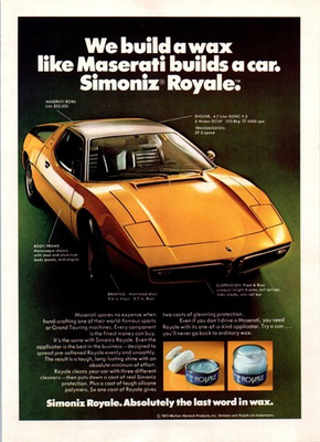 #ad 1973 Simoniz Royale Car Wax Maserati Bora Vintage Print Ad Sports Car Wall Art $16.97