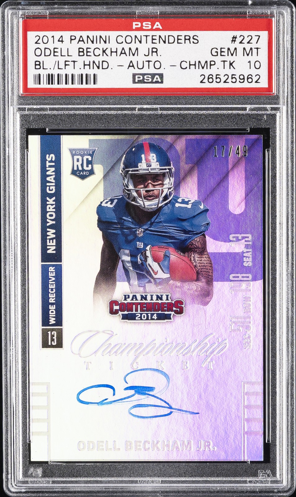 2014 CONTENDERS AUTO-CHAMPIONSHIP TICKET ODELL BECKHAM JR. ROOKIE RC #/49 PSA 10