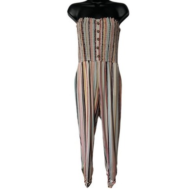 Full Circle Trends Womens Large Striped Smocked Strapless Jumpsuit Multicolored
