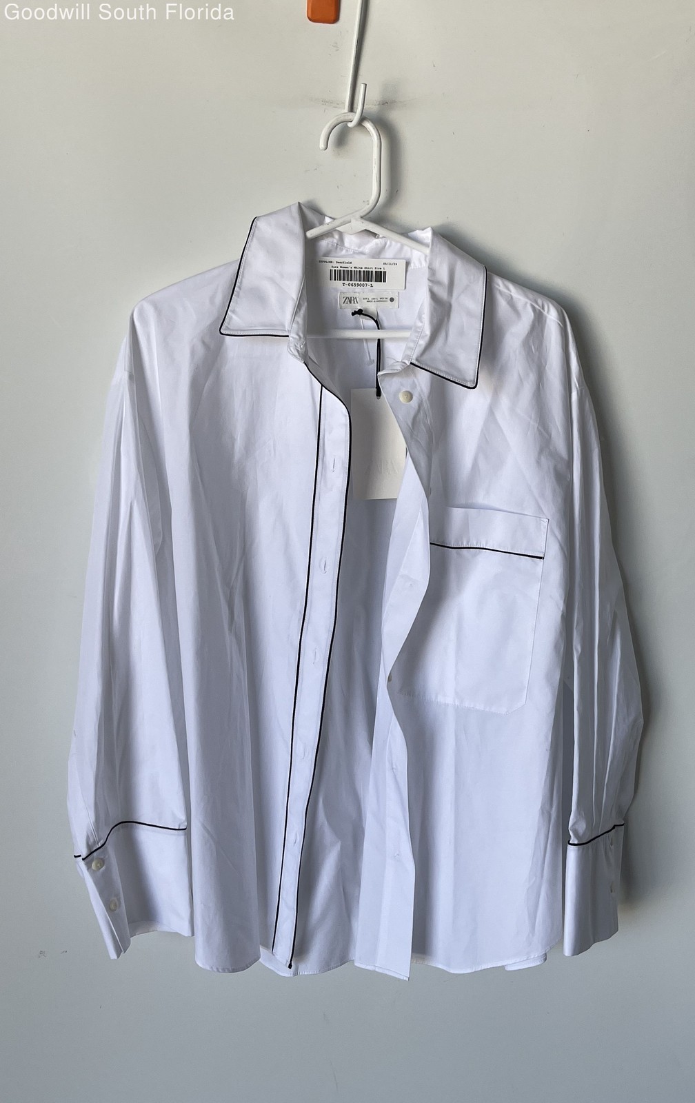 Zara Womens White Long Sleeve Collared Regular Fit Button-Up Shirt Size L w/ Tag