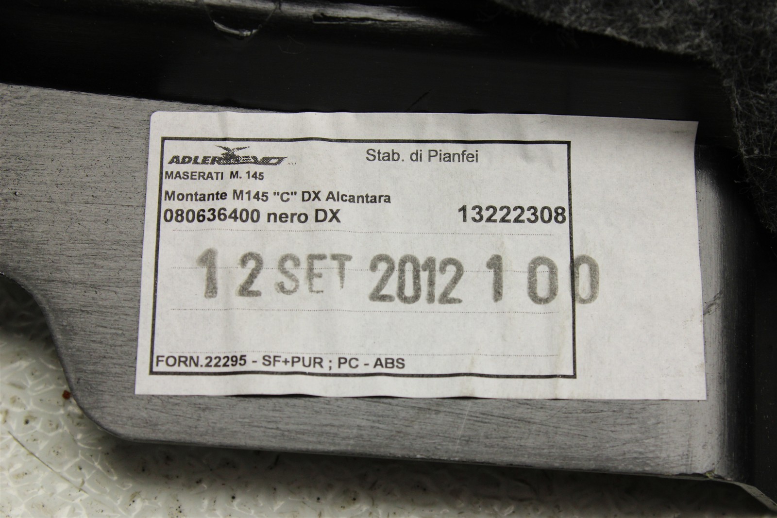 2013 Maserati GranTurismo S Rear Right C Pillar Trim Cover Interior 08-13