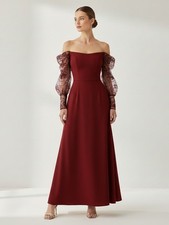 Women’s Maxi Dress Heavy Crepe | Embroidered Net Sleeves | Modest Evening Party