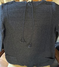 J Jill Pure Jill Sweater Medium Hooded 3/4 Sleeves Indigo Navy Blue Tassels