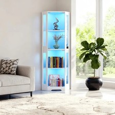 Corner Glass Display Cabinet White Single Door LED Lights Motion Sensor 4 Tier