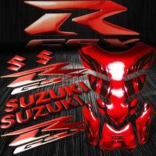 Chrome Red Tribal Fire Gas/Fuel Tank Pad+3D 6" Logo&Letter+GSXR Emblem Sticker