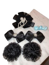 Vintage Shoe Bow Clip Black Sequins Ribbon Art Pin And Barrette Hand Craftedl