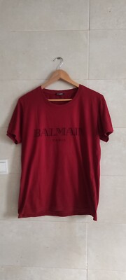 Auth Balmain Paris Red Logo Print Cotton Crew Neck T-Shirt Made in France  Size S