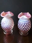 Two Fenton Cranberry Opalescent Hobnail Vases Smaller Size Ruffled Edge