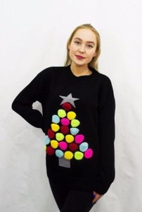 Ladies 3D Knitted Multi Colour Pom Pom Merry Christmas Novelty Reindeer Jumper