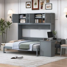 Queen Size Murphy Wall Bed with Desk Storage Bookshelves LED Lights Cabinet Bed