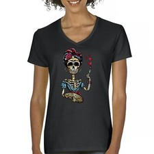 Camiseta Frida Kahlo Calavera Para Mujer Cuello en V Camiseta Calavera Día de Muertos