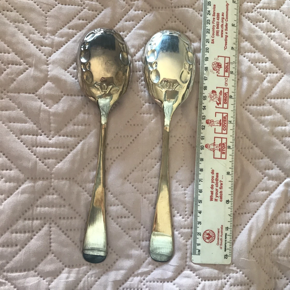 2 VINTAGE GOLD WASH EMBOSSED SILVER PLATED LGE FRUIT SPOONS