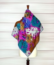 Albert Nipon for XIIX KARAT Silk Square Scarf Blue Magenta Tan Floral Vintagei