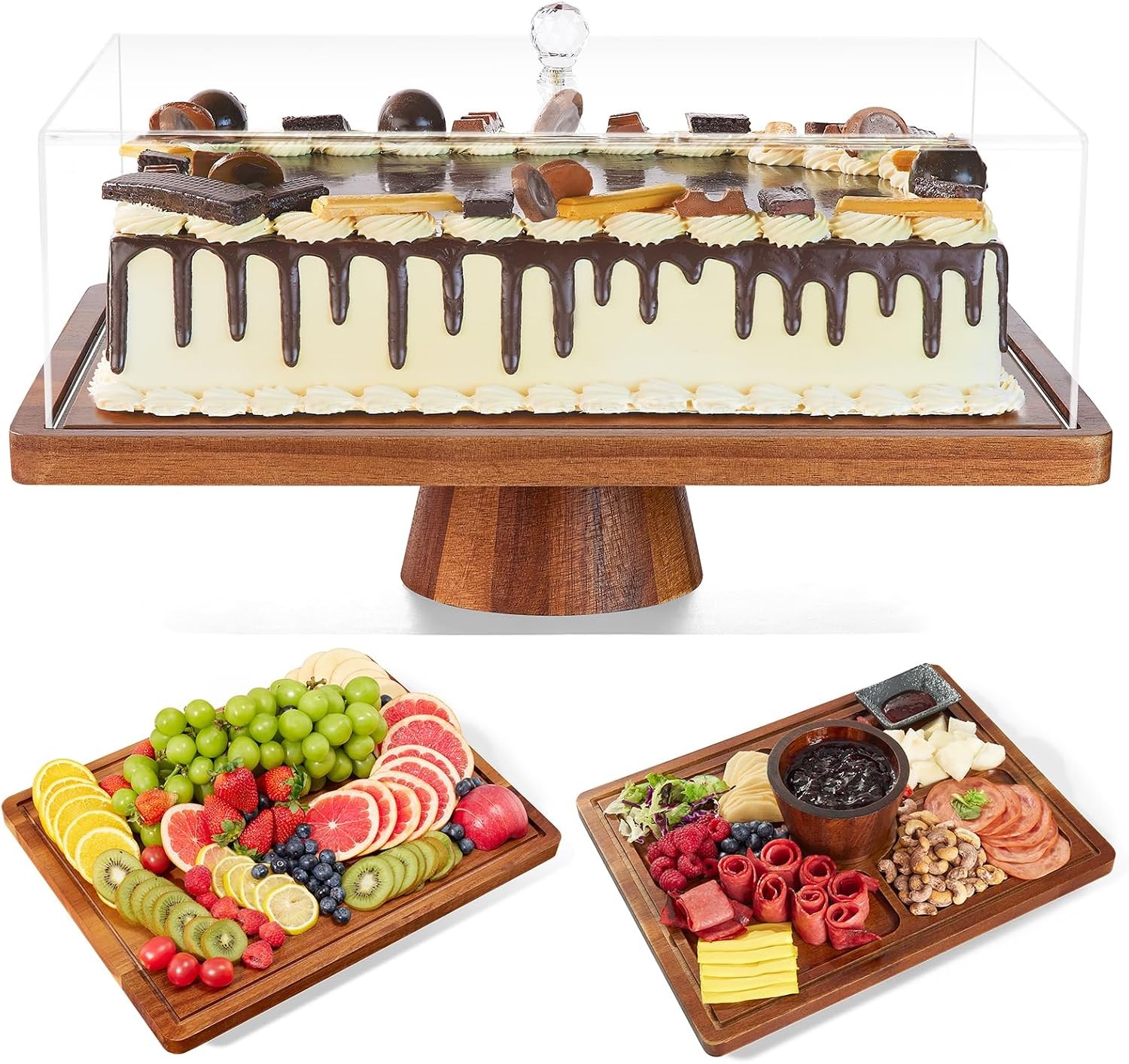 Acacia Wood Cake Stand with Lid 2-in-1 Serving Platter & Charcuterie Board