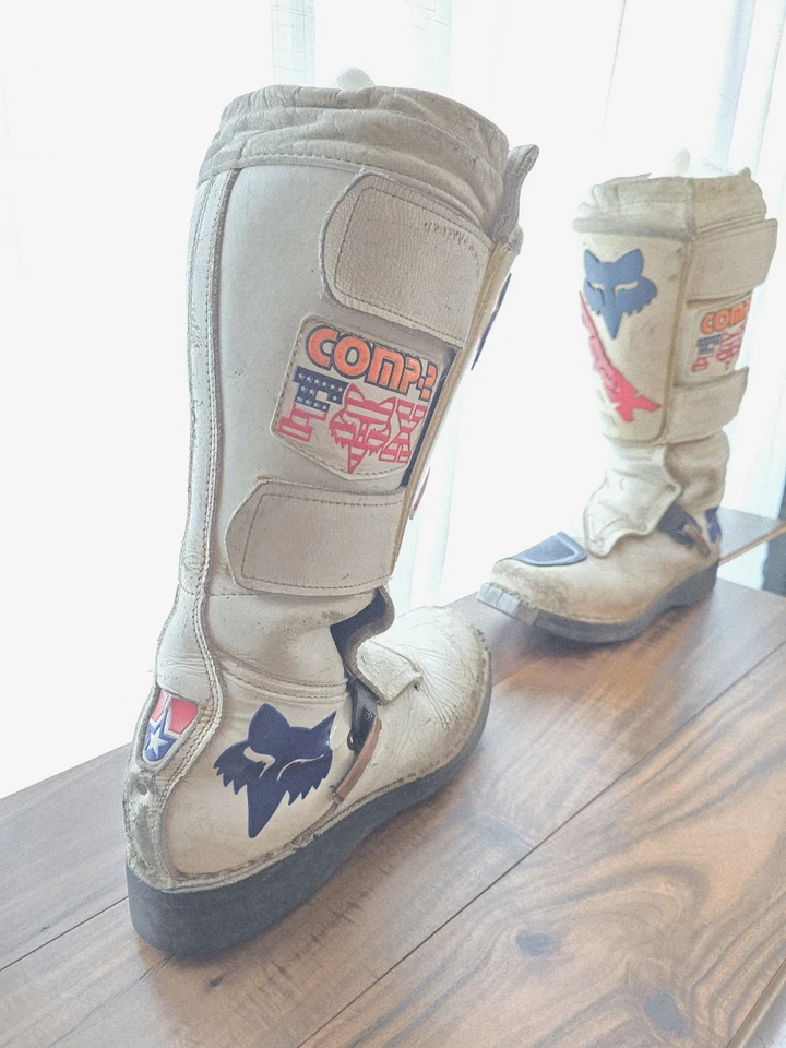 Botas de motocicleta Fox Comp 2 Rick Johnson 1986 blancas de cuero suave talla 10 EE. UU. Foto 2 de 4