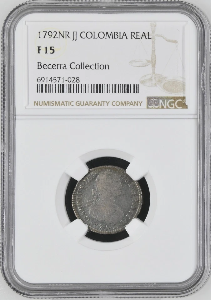 COLOMBIA, Bogotá, bust 1 real, Charles IV, 1792 J•J, no • in mintmark, NGC F 15 - Image 3 of 4