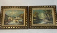 VTG Mid-Century Impressionist Oil Paintings Schoen Larson Market Landscape Set/2