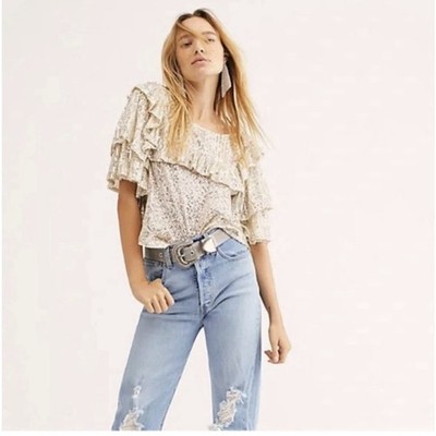 Free People Women Medium Silver Sequins Dance Party Ruffles Pullover Top Event