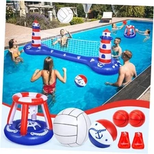  Pool Volleyball Net &Basketball Hoop Inflatable Pool Floats Toys Swimming Blue