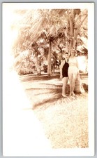 Vtg B W Snapshot Two Women In Bathing Suits By Palm Trees 1950s