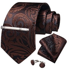 Brown Paisley Necktie Mens Tie  Hankie  Cufflinks  Tie Pin Set Gift Event