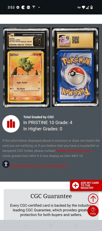 (POP 4) CGC 10 PRISTINE EX Team Rocket Returns Larvitar 63/109 Pokemon Card - Image 4 of 4