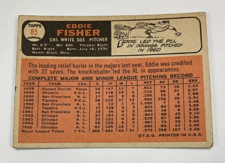 1966 Topps # 85 Eddie Fisher Baseball Card Chicago White Sox | eBay