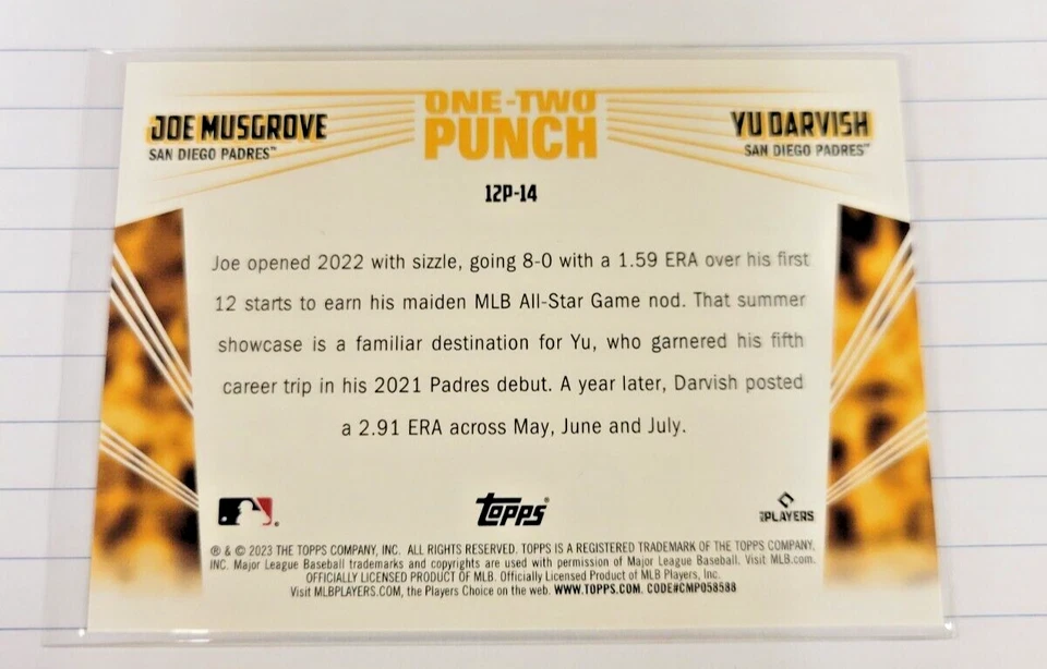 2023 Topps Series 1 One Two Punch Insert #12P-14 Joe Musgrove/Yu Darvish - Image 2 of 2