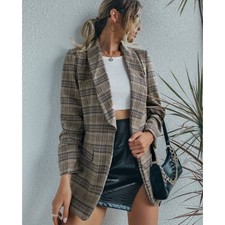 Shein Open Blazer Top Sz L Long Sleeve Plaid A19