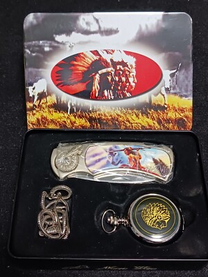 Collector Pocket Knife & Pocket Watch Set In Display Tin. Warrior & Wolf Scene 