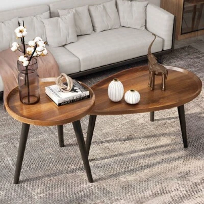 Couchtisch Rund Wohnzimmertisch Beistelltisch Massivholz Sofatisch 2er Set - Bild 1 von 4