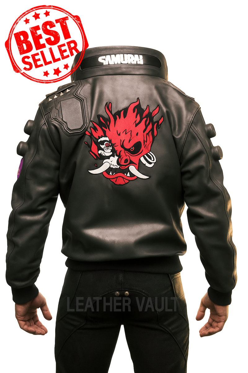 Samurai Leather Bomber jacket Inspired Cyberpunk Handmade For Fans