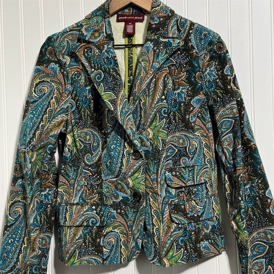 Jones Wear джинсы женщин 10 синий пейсли печать укороченный блейзер куртка хлопок смесь - Изображение 2 из 4