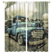 Vintage Car Curtains,Retro Rustic Truck Antique Blue Old Truck Blackout Therm...