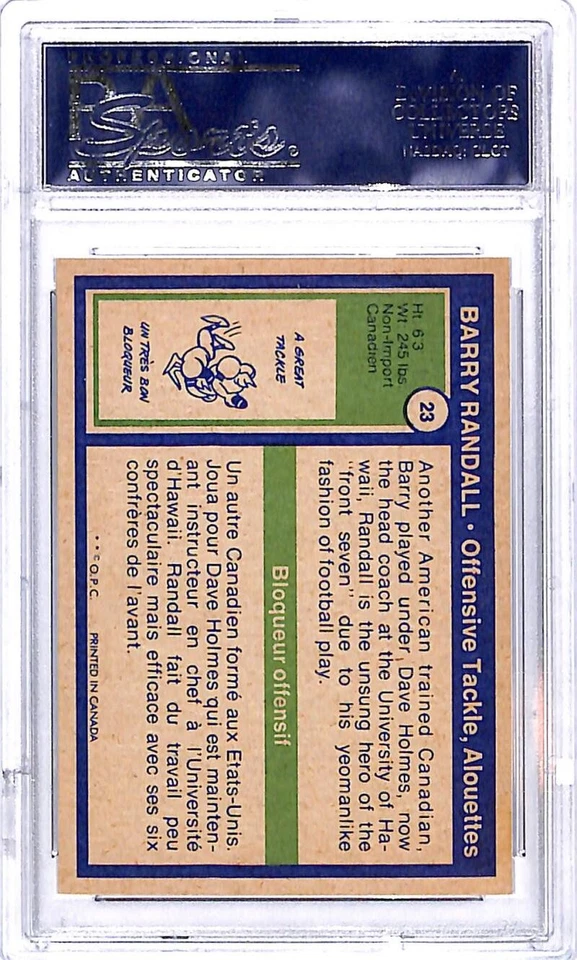 1972 O-Pee-Chee CFL #23 Barry Randall Montreal Alouettes Football Card PSA 9 - Image 2 of 2