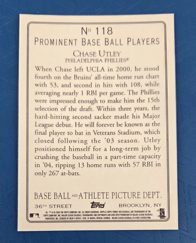 2005 Topps Turkey Red #118 Chase Utley Philadelphia Phillies BASEBALL Card 7G - Image 2 of 2